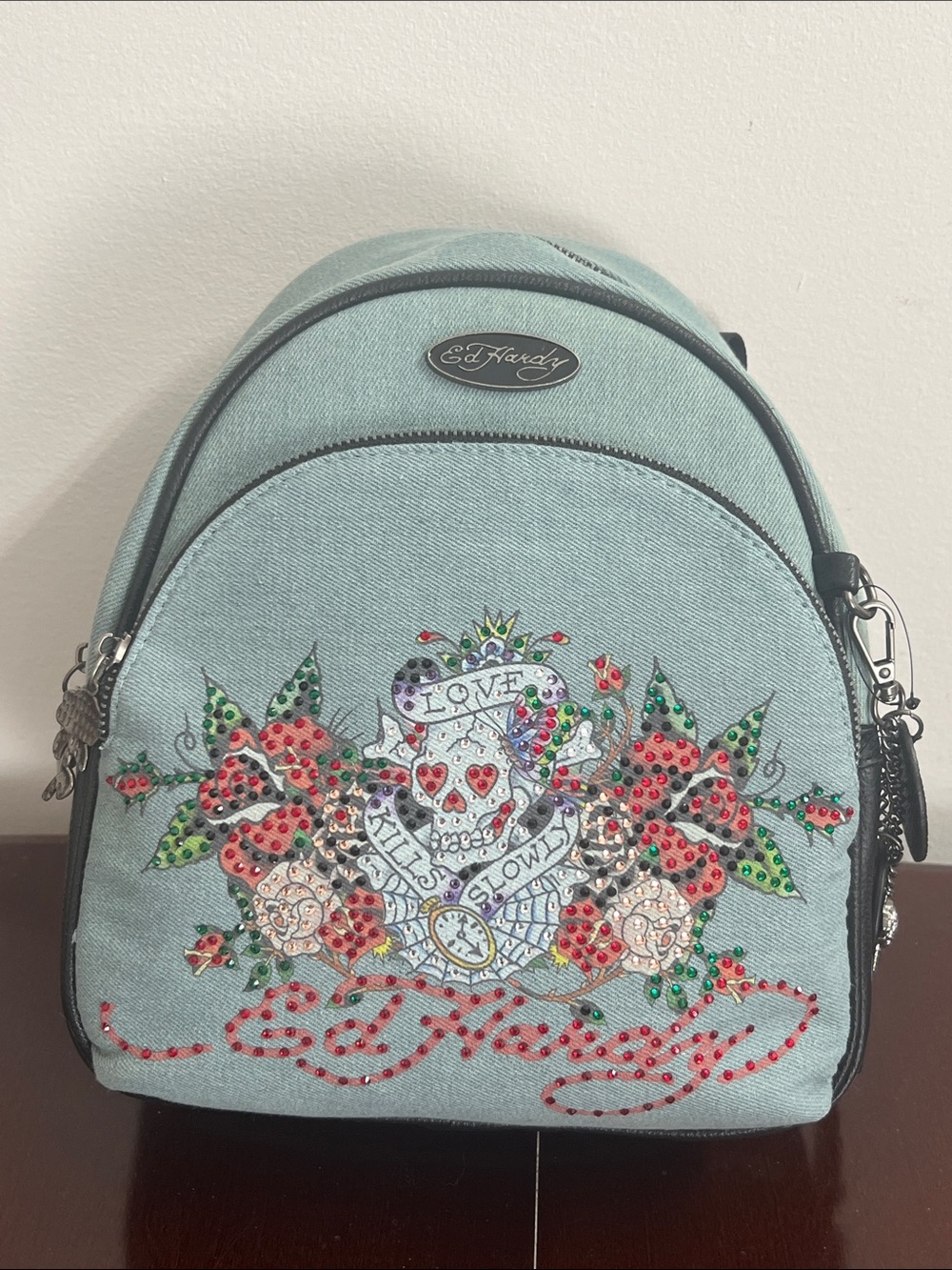 🌞 Ed Hardy NWT y2k Denim Love Kills Slowly Mini Backpack
